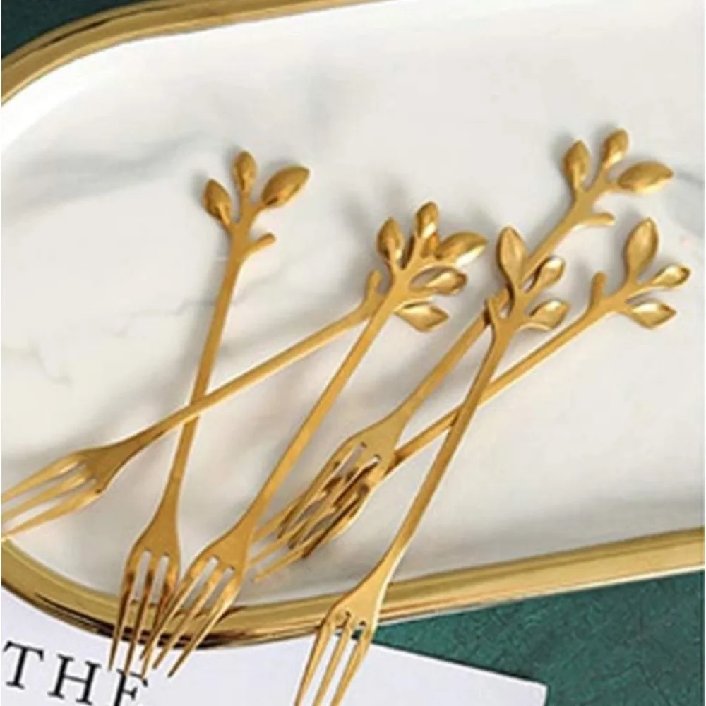 10 Pcs Stainless Steel Gold Leaf Appetizer Cake Forks Set 4.7 Inches